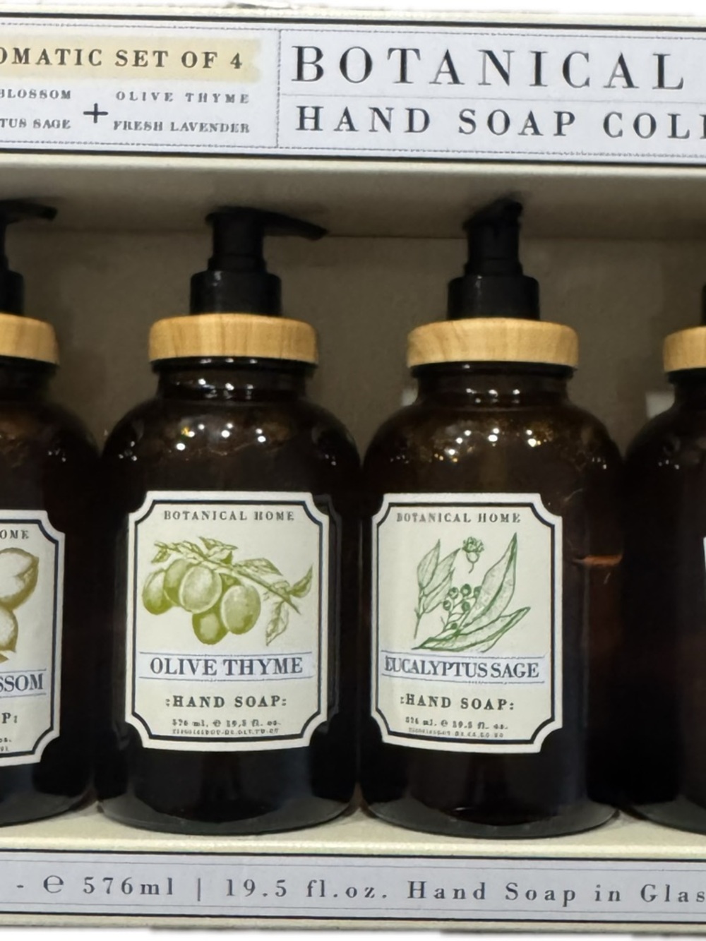 Olive Thyme, lemon, Blossom eucalyptus, sage, and fresh lavender hand soap. Four